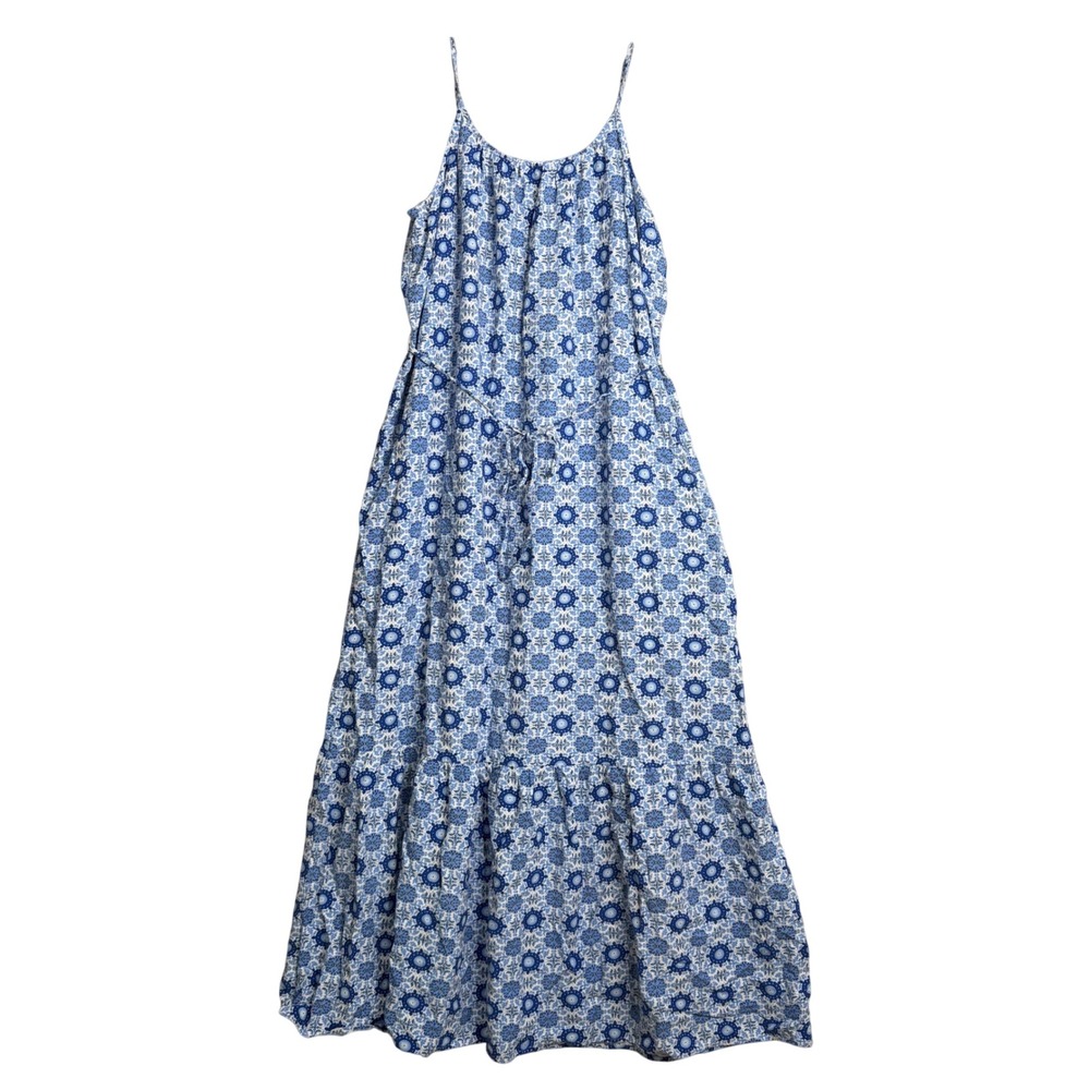 Loft Tiled Strappy Flounce Maxi Dress Womens L Blue Boho Coastal Beach Travel‎